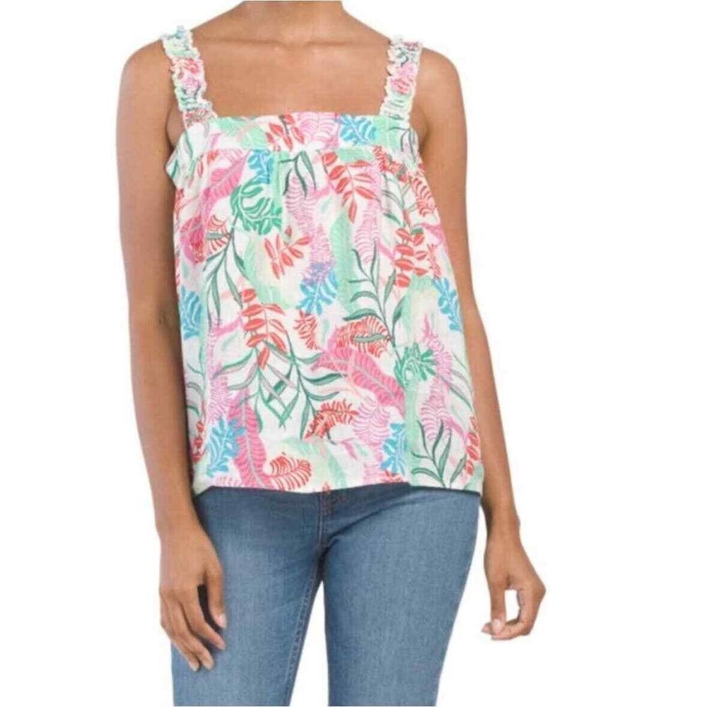 CYNTHIA ROWLEY Tropical Linen Square Neck Top XS Button Back Multi-Color NEW B37